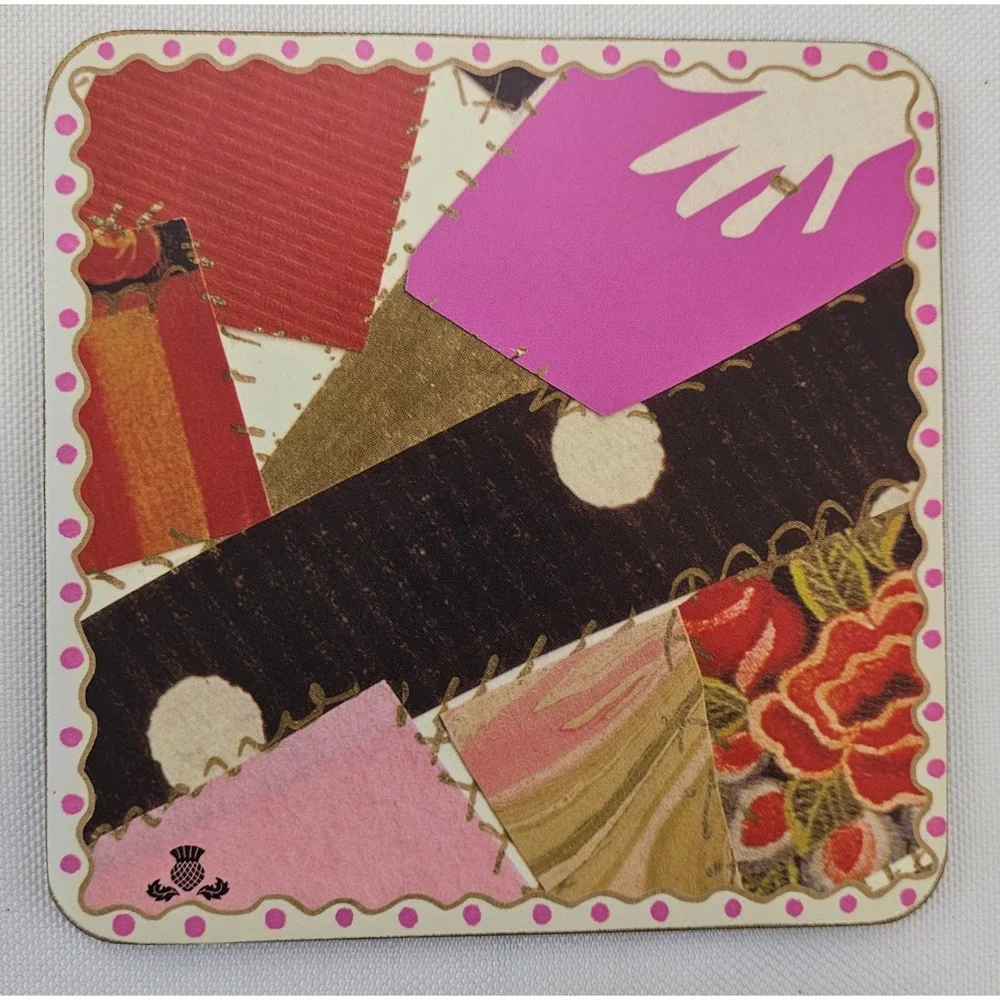 MacKenzie-Childs Set of 4 Collage Patchwork Cork Back Coasters Pink‎ Polka Dot